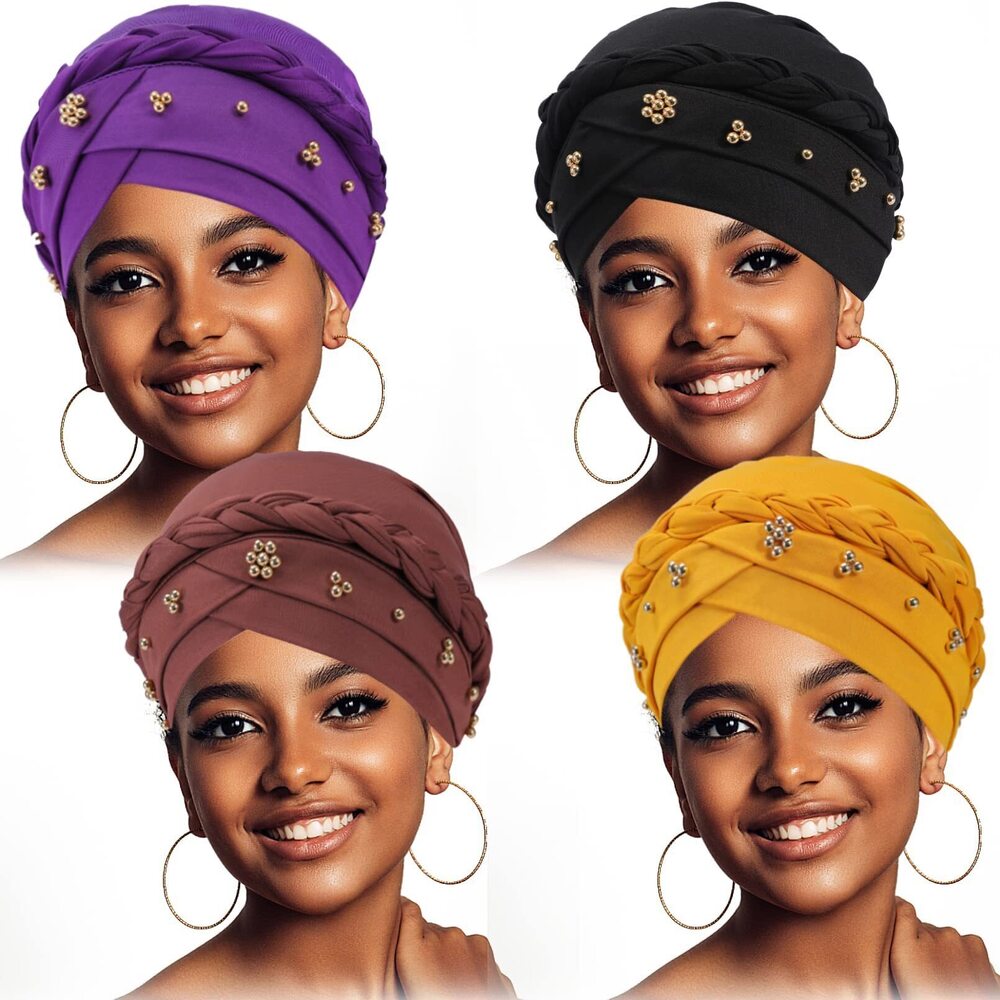 5922 4 Pack Turban Cap Beaded Headscarf Beanie African Braid Turban Cap